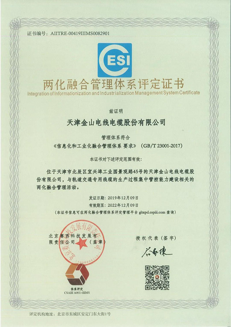 两化融合管理体系贯标证书